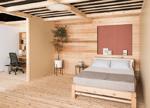 一日の３分の１程度を過ごす寝室は室内空気質が特に重要な空間。飫肥杉赤身木口スリット材の年輪パワーを生かしたベッド「ObiBED」